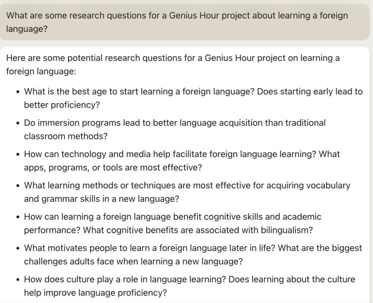 Research topics for Genius Hour AI and foreign language